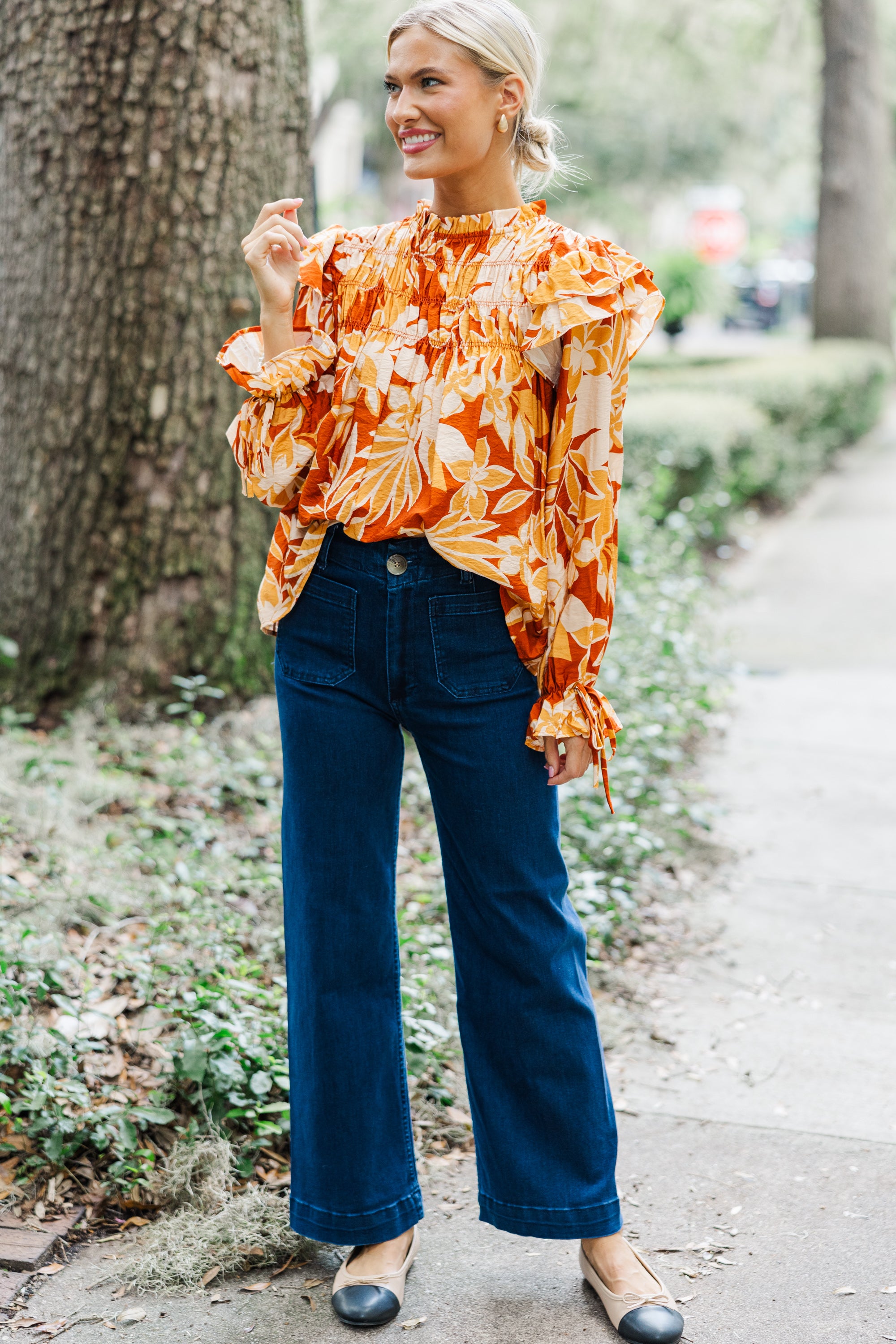 Mustard Yellow Floral Blouse Women's Fashion Top for Spring Summer - Perfect for Office, Date Night & Casual Outfits