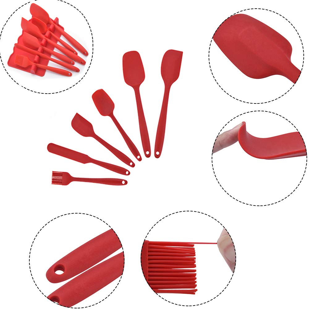 KSENDALO Heat Resistant Silicone Spatula Set for Cooking, Baking & Mixing - Non-Slip Rest Stand Included - Perfect for Cake Decorating, Cookie Dough & Kitchen Prep (Red)