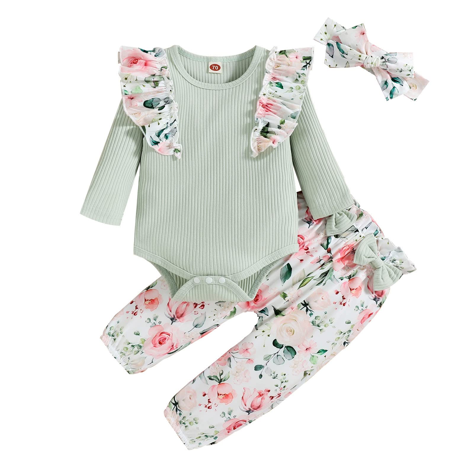 Kapsrqst Baby Girl Outfit Set - Long Sleeve Ribbed Romper, Floral Printed Pants & Headband - Princess Dress for Infant Girls (0-24 Months) - Perfect for Photoshoots, Birthday Parties & Special Occasions