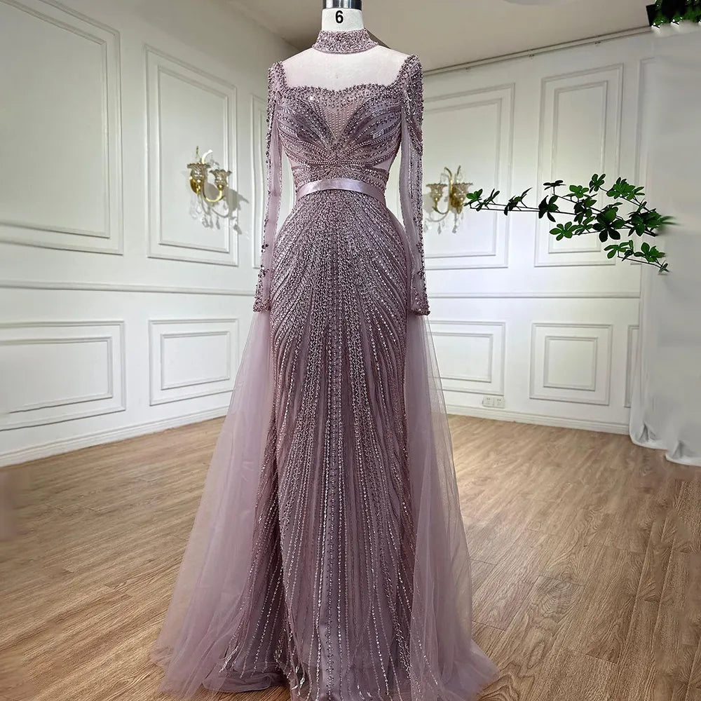 Luxury Dubai Arabic Evening Dresses for Women - Serene Hill Nude Muslim Beaded Tassel Mermaid Gown for Wedding, Party & Special Occasions | Elegant Formal Wear for Bridal, Evening Events & Celebrations