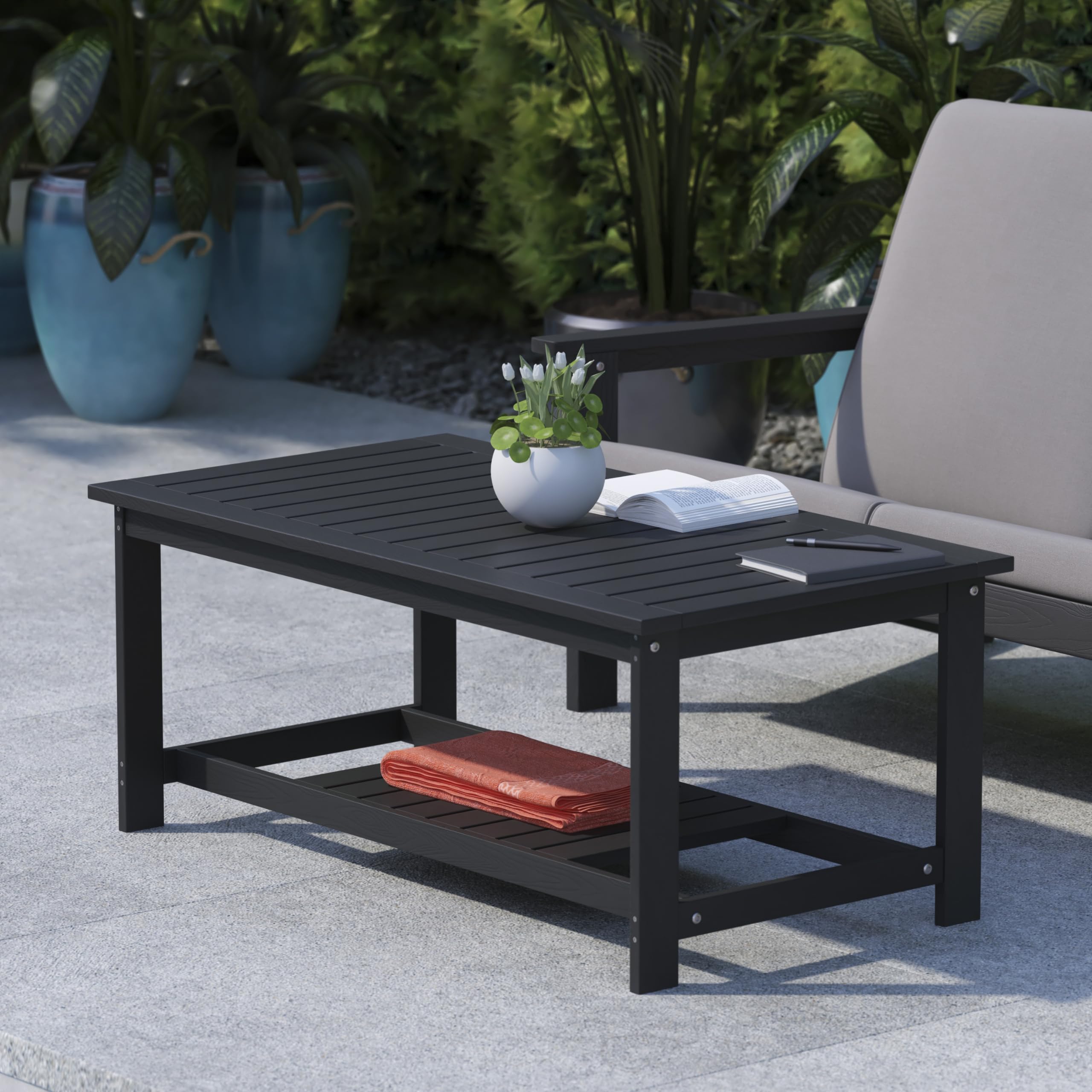 Two-Tiered Commercial Grade Adirondack Coffee Table - Durable Black Poly Resin Wood - All-Weather Outdoor Furniture - Slatted Shelf Design - Perfect for Patio, Deck, Garden, and Poolside Relaxation