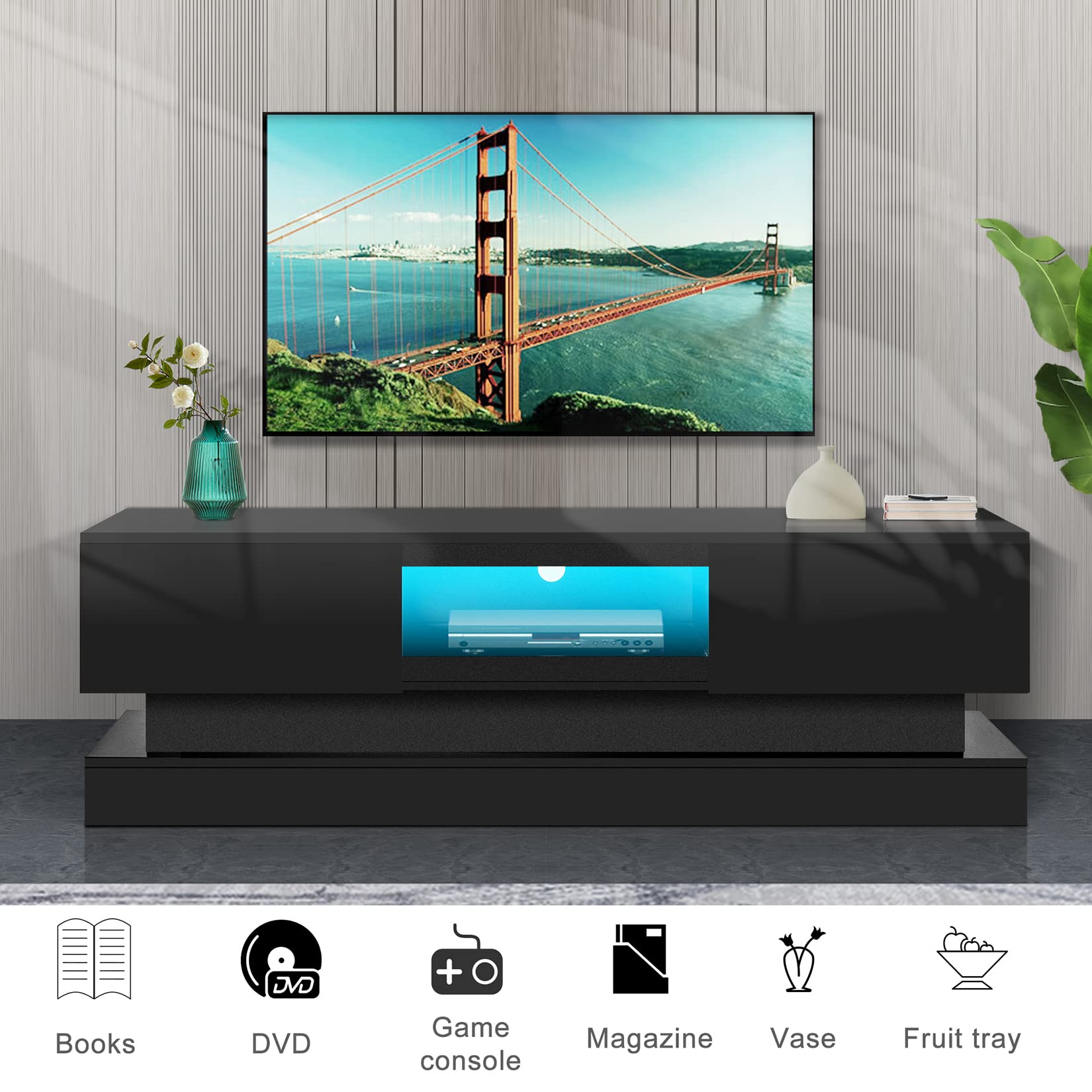 1.3M Modern High Gloss TV Stand with LED Lights - 2-Drawer Entertainment Center Media Console for 55 Inch TV, Black | Living Room Storage Cabinet with 16-Color Lighting for Home Theater Setup