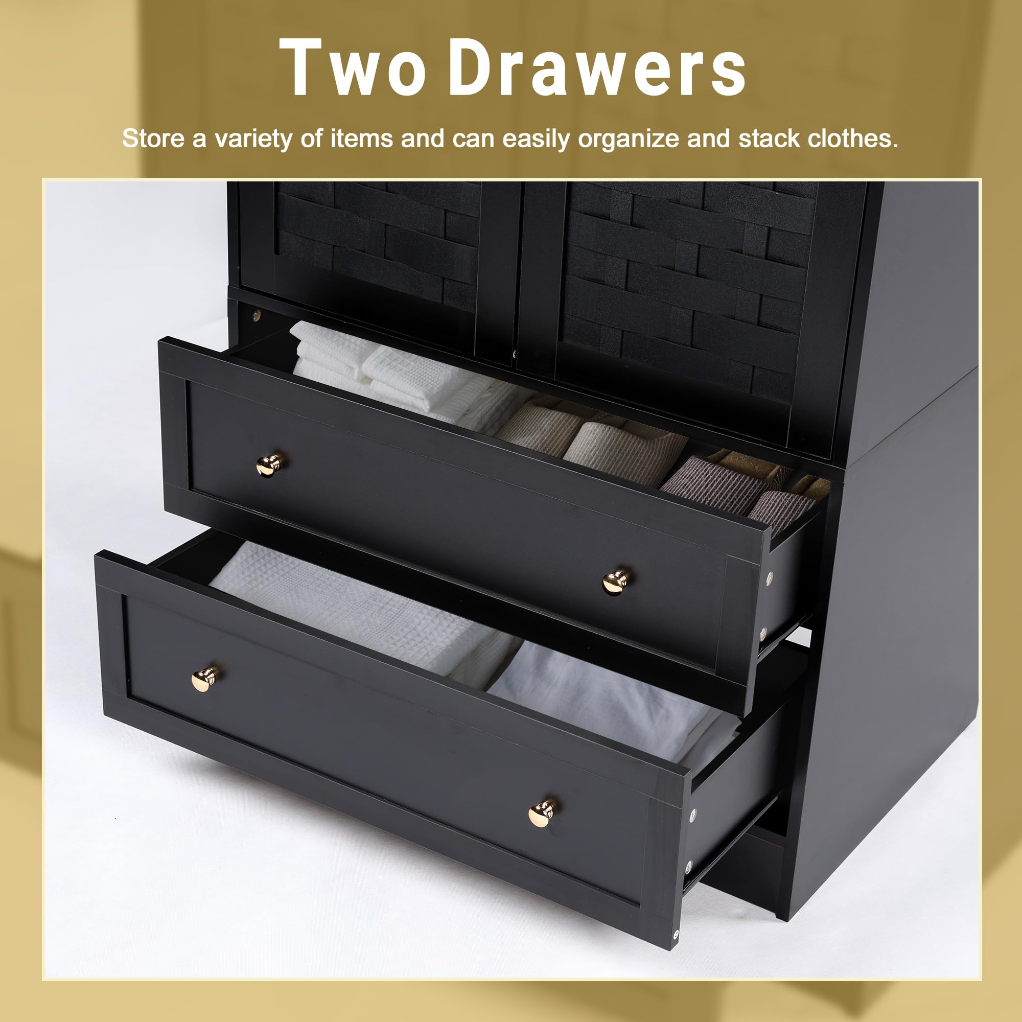 LEVNARY Wooden Armoire Wardrobe Closet - Freestanding Storage Cabinet with 2 Woven Doors, 2 Drawers & Hanging Rail for Bedroom Organization (Black) | Perfect for Small Spaces, Guest Rooms & Apartment Living