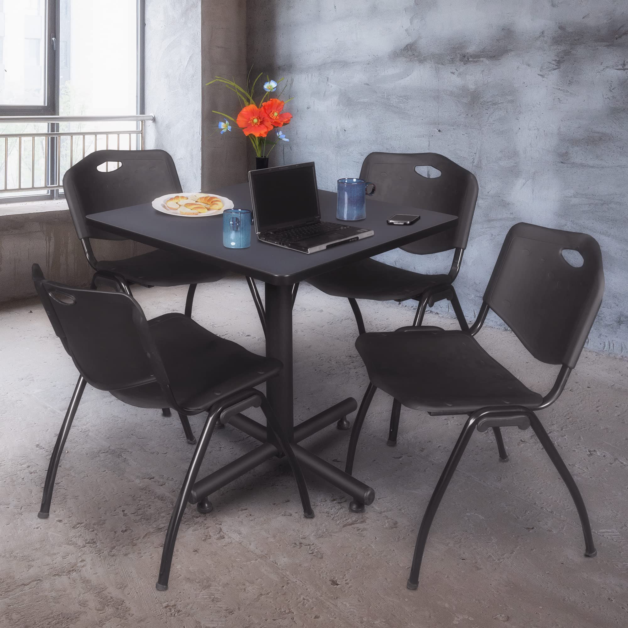 Regency Kobe 30-Inch Square Breakroom Table with 4 Stackable Chairs - Grey Table & Black Chairs for Office, Conference Room, or Home Workspace
