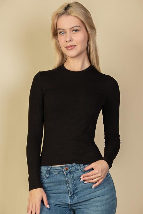 Stylish Ribbed Round Neck Long Sleeve T-Shirt for Women - Perfect for Casual Wear, Layering & Everyday Outfits