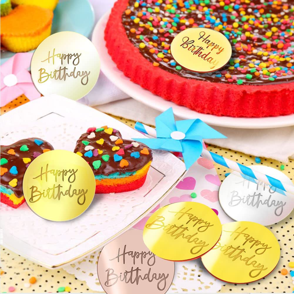 21Pcs Happy Birthday Cake Disc Acrylic Cupcake Toppers Set - Gold Pink Silver Mirror Acrylic Cake Decorations for DIY Birthday Party, Baby Shower & Wedding Celebrations - Perfect for Cupcake, Dessert Table and Cake Decorating