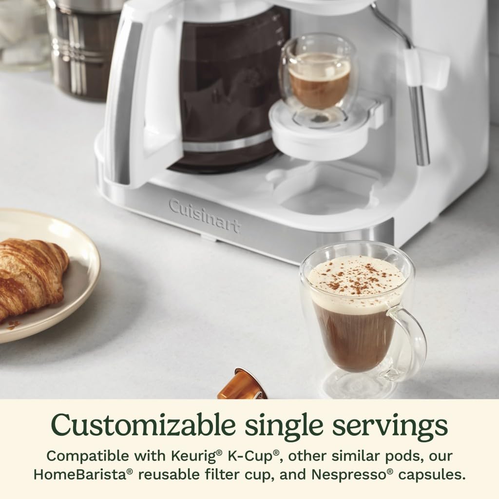 Cuisinart 4-in-1 Coffee Maker Barista System - Single Serve, Espresso & Nespresso Capsule Compatible Coffee Machine with 12-Cup Glass Carafe (White, SS-4N1W) - Perfect for Home, Office and Small Cafes