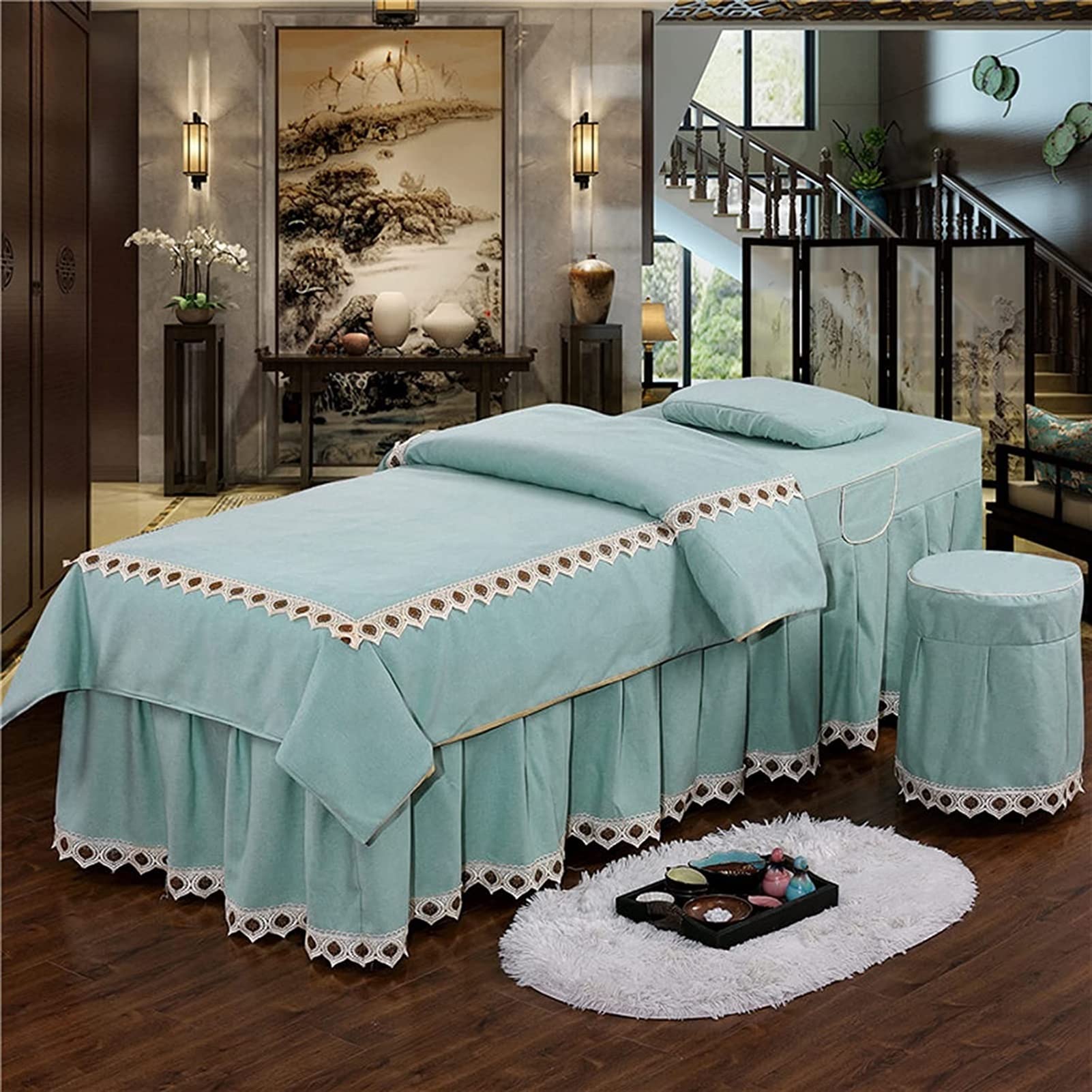 Jingtong 4-Piece Microfiber Massage Table Sheet Set - Soft Beauty Bedspread with Bed Skirt, Pillow Case & Stool Cover for Spa, Salon & Massage Therapy - Machine Washable (Green, 190x70cm Square Head) - Perfect for Professional Massage Parlors, Home Spa Treatments & Beauty Salons