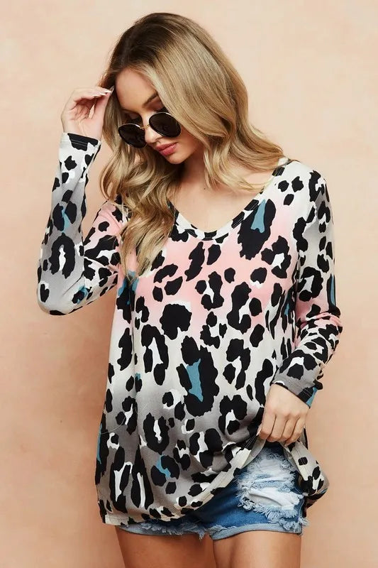 BiBi Gradation Leopard Print Soft Knit Deep V-Neck T-Shirt for Women | Stylish Casual & Party Wear | Perfect for Date Night, Girls Night Out and Office Outfits
