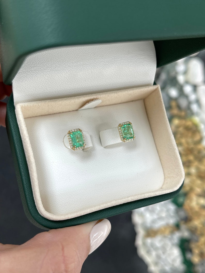 2.10tcw 14K Gold Classic 9x7mm Emerald Cut Natural Diamond Halo Stud Earrings - Perfect for Weddings, Anniversaries & Special Occasions