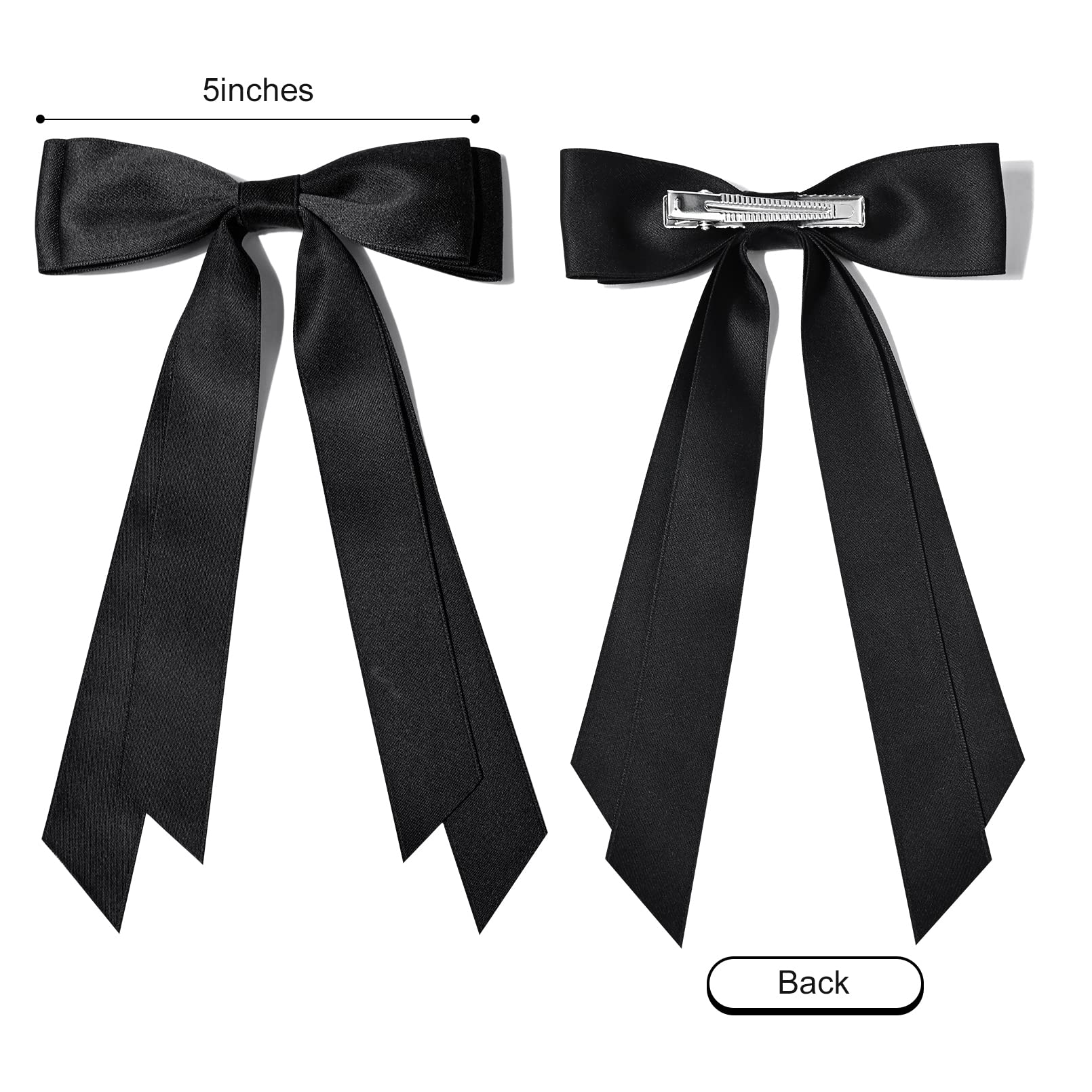 2PCS Silky Satin Hair Bows - Black & White Hair Clips with Metal Slides | Ponytail Holder Ribbon Accessories for Women, Girls, Toddlers & Teens | Perfect for School, Parties, Weddings & Everyday Wear