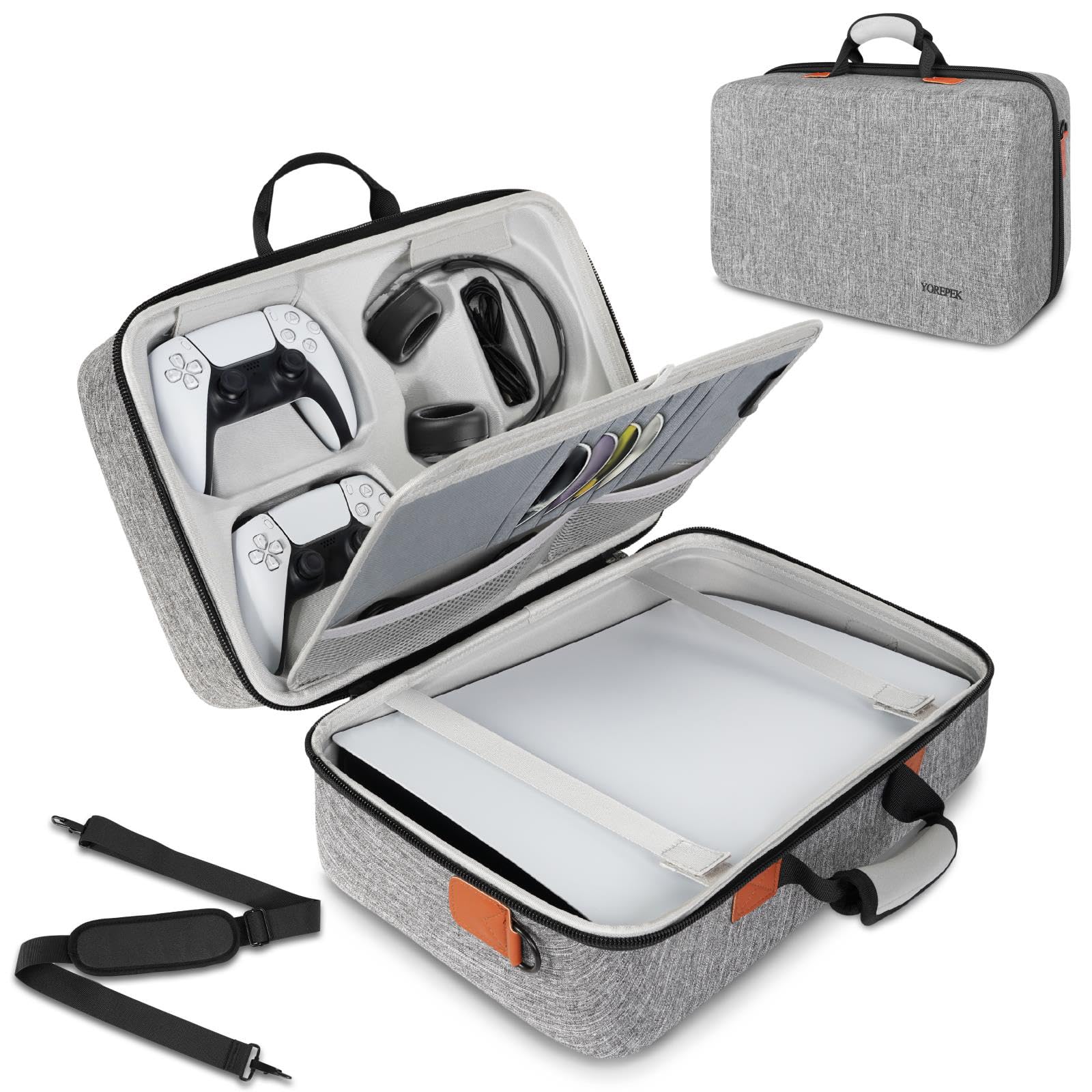 YOREPEK Hard Shell Travel Case for PS5 & PS5 Pro - Protective Storage Bag Compatible with Playstation 5 Digital Edition, Console, 2 Controllers, Headset & Gaming Accessories (Grey) - Perfect for Travel, Storage & Gaming Setup Protection