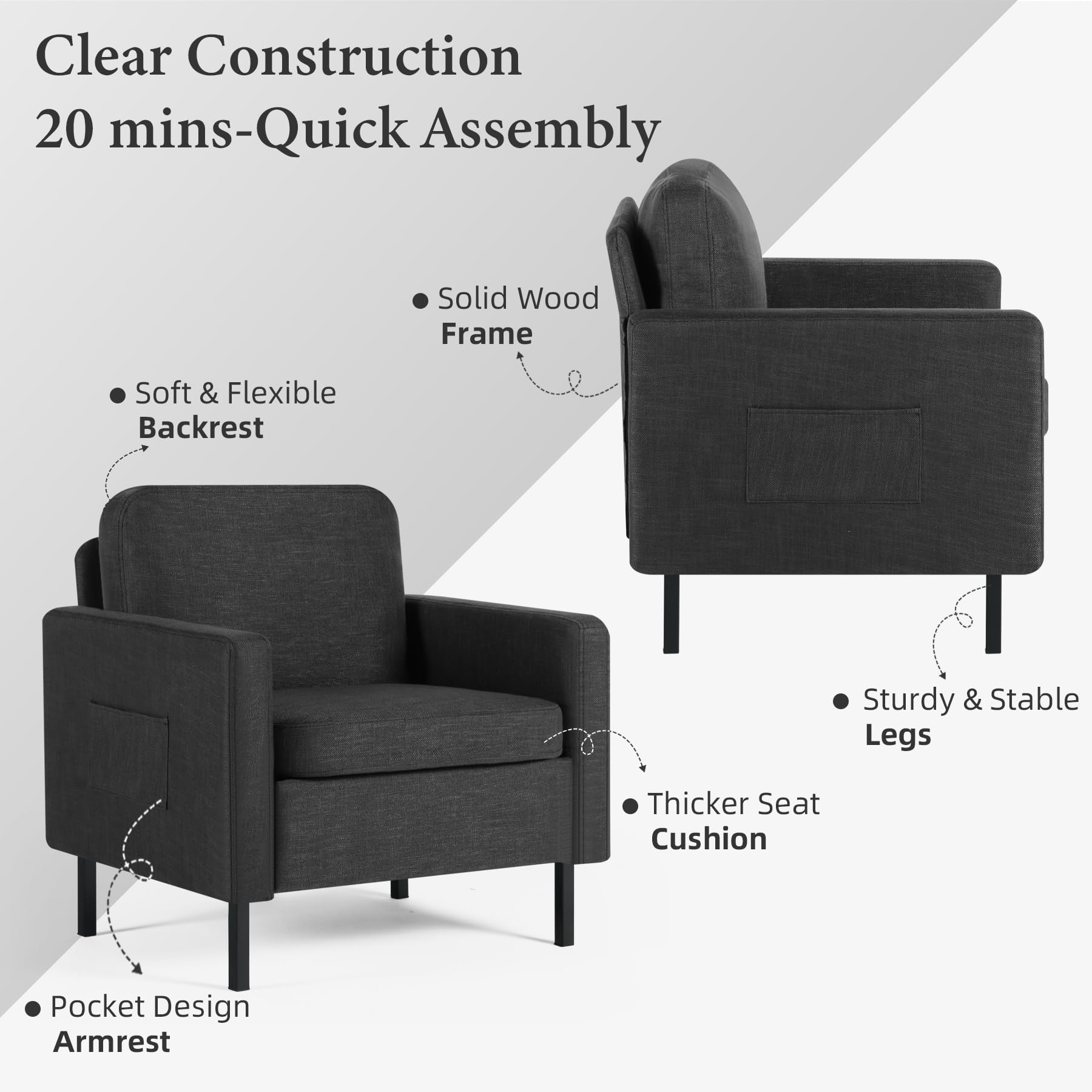 STHOUYN 2-Piece Fabric Accent Chair Set - Small Space Living Room, Bedroom & Office Armchair - Comfy Reading Chair for Adults - Dark Grey (Set of 2) - Perfect for Apartments, Dorms & Cozy Corners