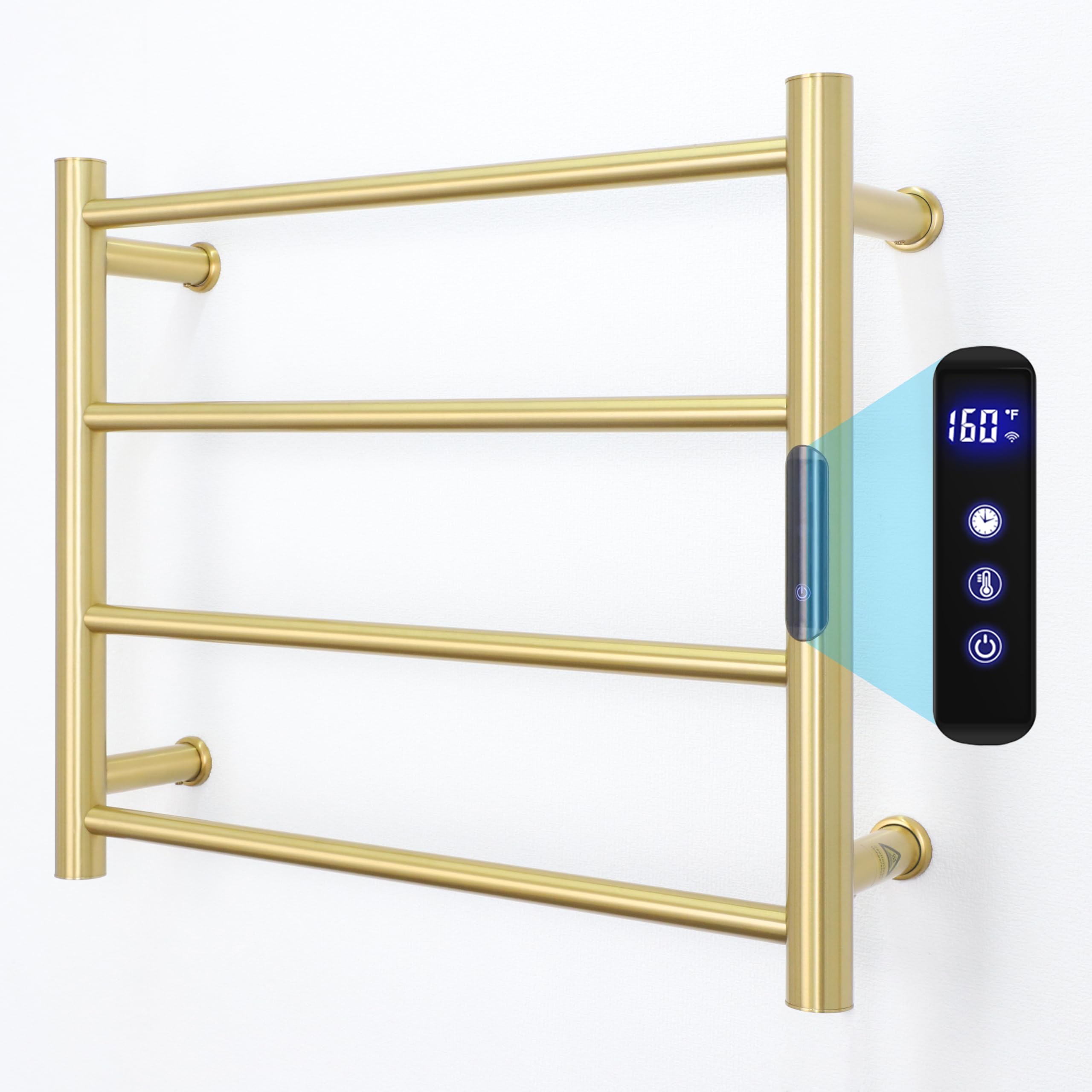 Premium 4-Bar Heated Towel Rack - Brushed Gold Wall Mounted Electric Towel Warmer with Timer & Temperature Control for Bathroom - Perfect for Spa-Like Luxury & Quick Drying (Hardwired Installation)