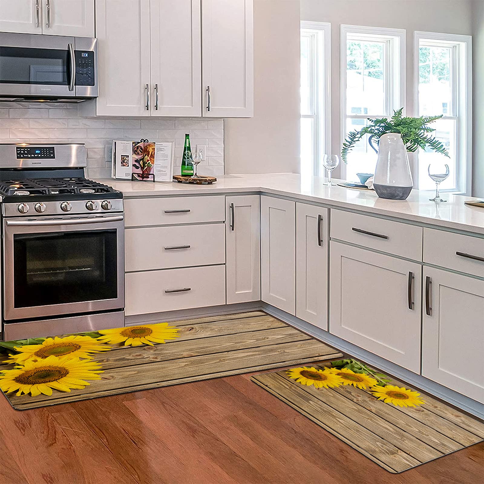 ZEREAA Non-Slip Absorbent Kitchen Rugs - Washable Sunflower Wooden Plank Textured Soft Floor Mats for Kitchen, Home, Office, Sink & Laundry (20x24 + 20x48 Inches, Yellow) - Perfect for High-Traffic Areas & Spill Protection