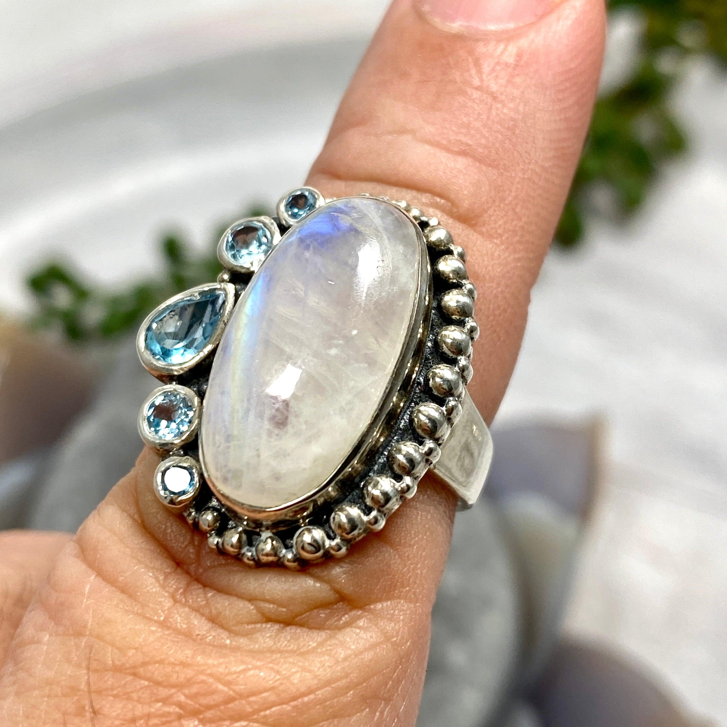 Moonstone and Blue Topaz Multi-Stone Ring - Size 7 - Elegant Handmade Jewelry for Women - Perfect for Weddings, Parties & Special Occasions