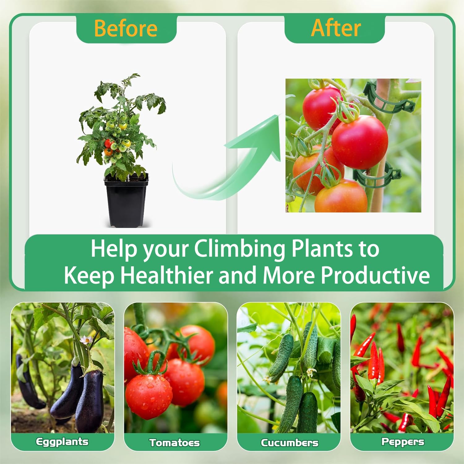 Upgraded Plastic Tomato Clips for Climbing Plants - Secure Plant Support Clips for Tomato Vines, Cucumbers & Garden Trellis | Durable Gardening Supplies for Indoor & Outdoor Use