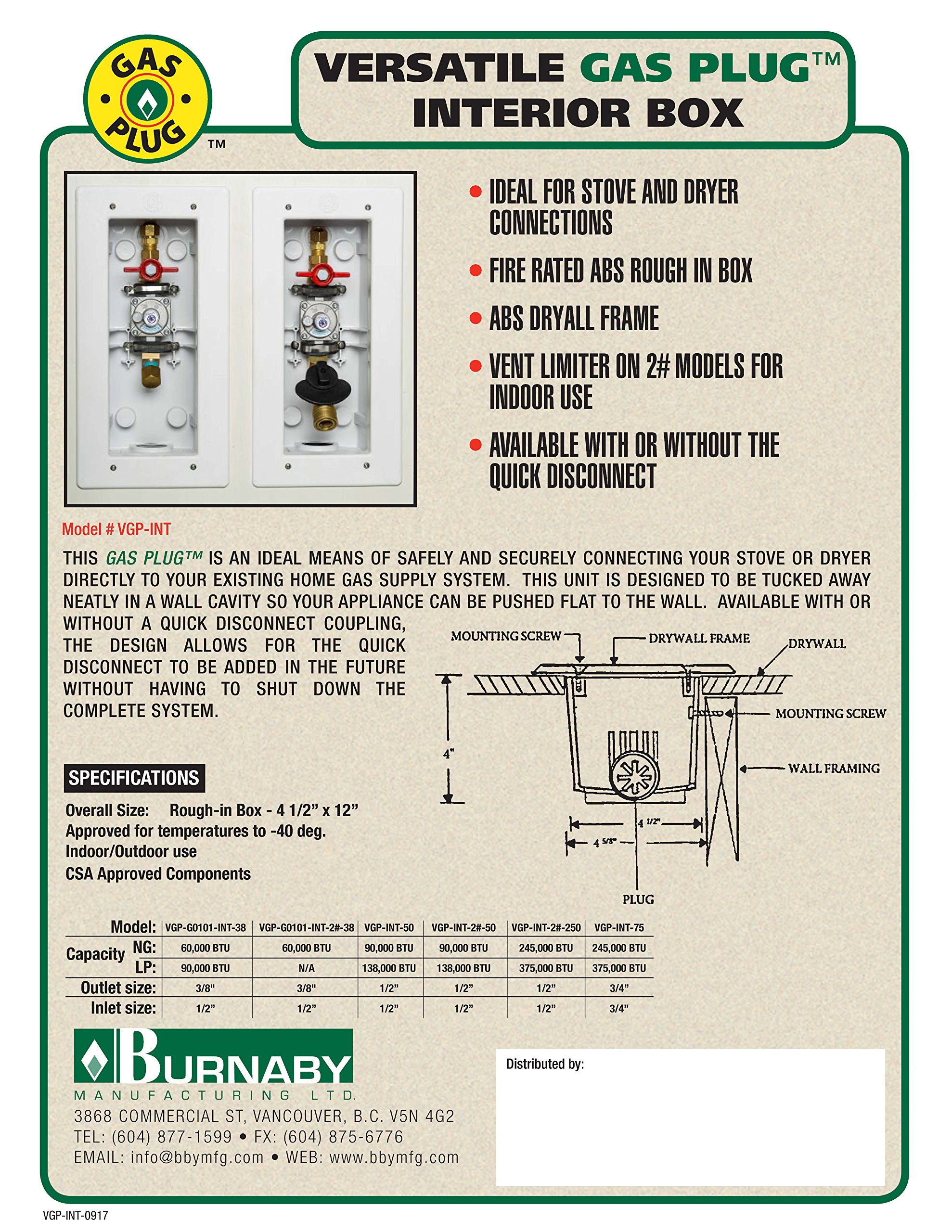 Burnaby Manufacturing Ltd VGP-INT-2#-250 White Interior Versatile Gas Plug - Universal Gas Line Connector for Home Appliances, HVAC & Commercial Use
