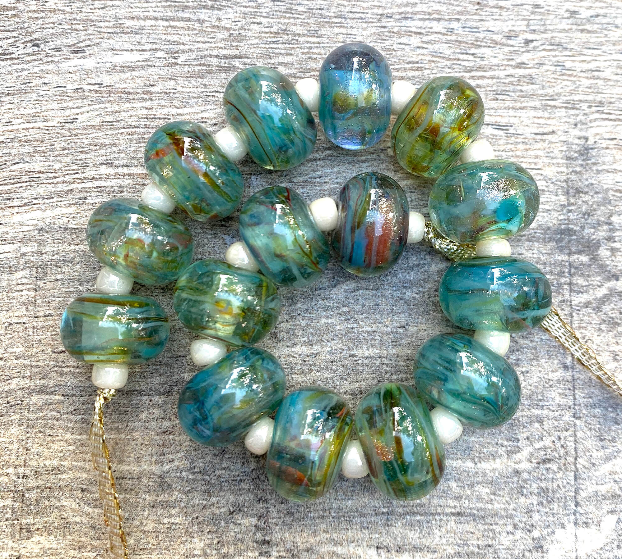 15-Piece Shimmering Aqua Gold Lampwork Glass Beads Set for Jewelry Making - DIY Bracelets, Necklaces & Earrings - Handmade Artisan Craft Supplies for Beading Projects