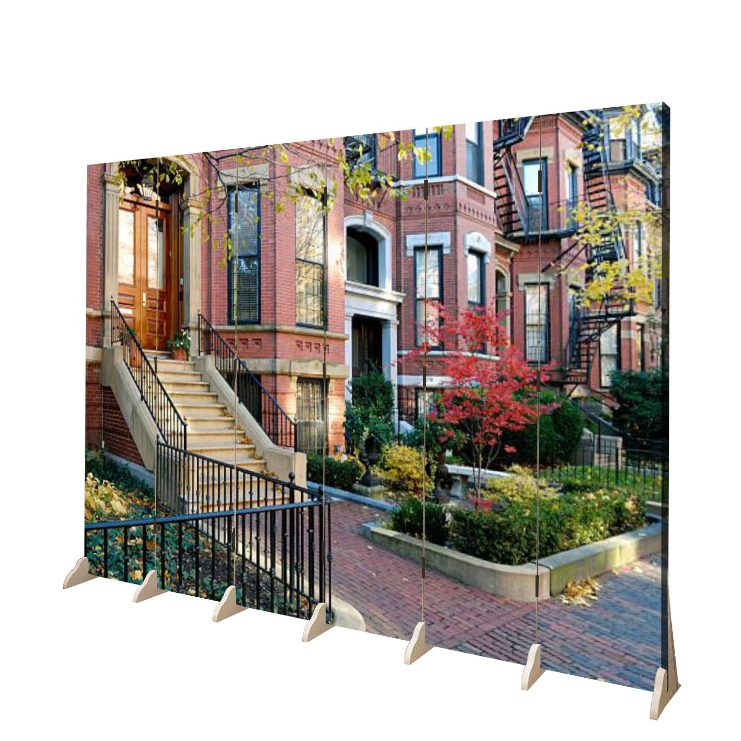 Wooden Folding Room Divider - 6 Panel Canvas Privacy Screen with Back Bay Facades Design | Dual-Sided Wall Partition for Home Office, Bedroom & Indoor Display Shelves | Perfect for Space Division & Decoration