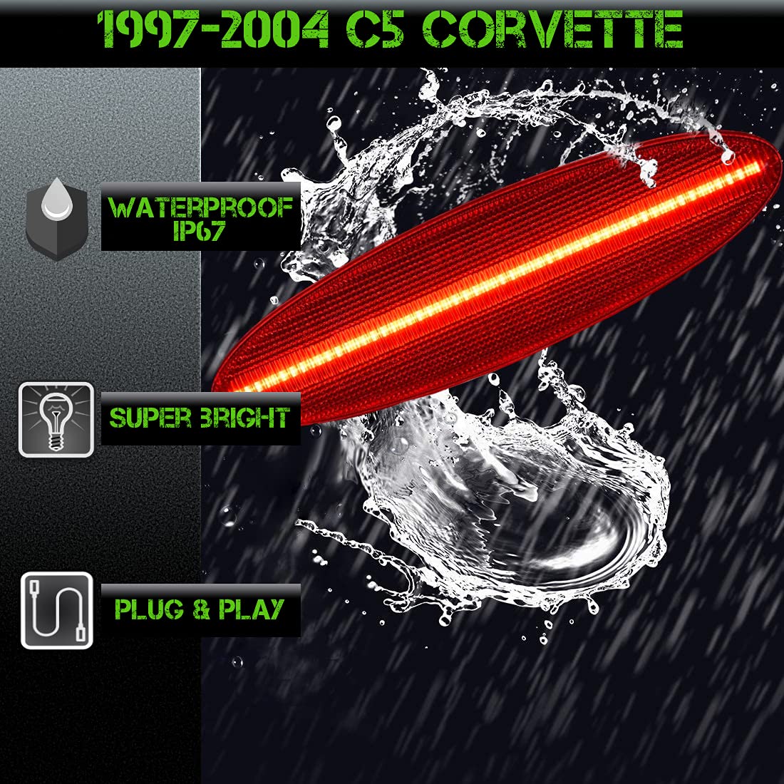 SLK-Lights C5 Red LED Rear Side Marker Fender Lights - High Performance OEM Replacement for 1997-2004 Corvette Coupe, Z06 & Convertible - Enhanced Visibility & Style (Red Lens) - Perfect for Night Driving & Car Shows