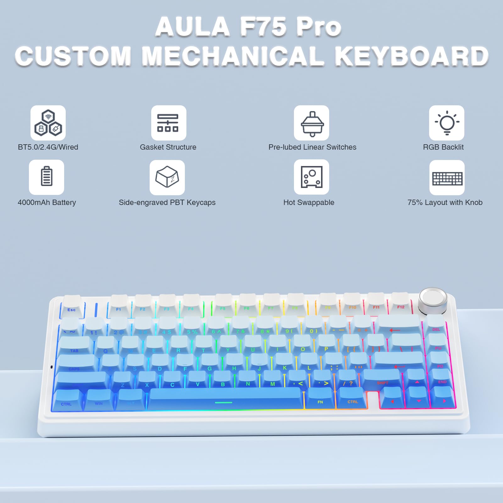 AULA F75 Wireless Mechanical Keyboard, 75% RGB Backlit, Hot Swappable for Gaming (Blue)