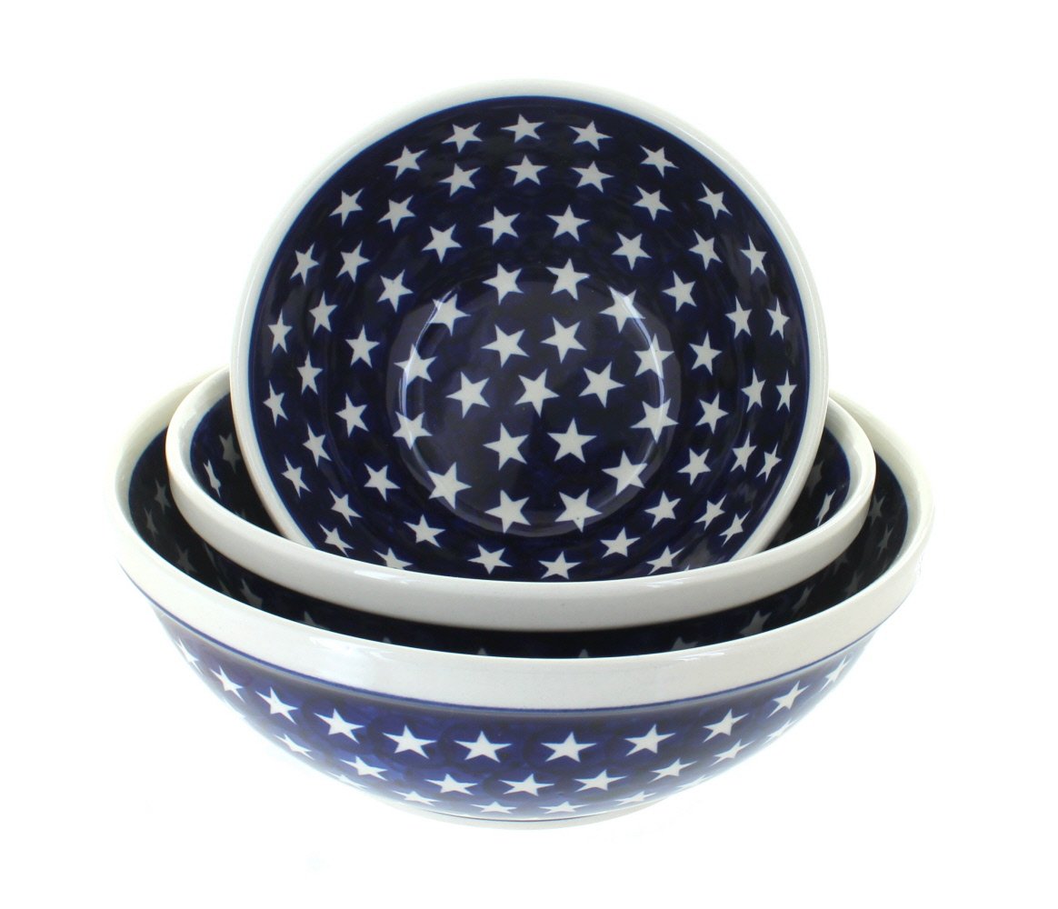 Blue Rose Polish Pottery Stars 3-Piece Serving Bowl Set - Elegant Handmade Ceramic Bowls for Salads, Snacks & Entertaining - Perfect for Dinner Parties, Holidays & Home Decor