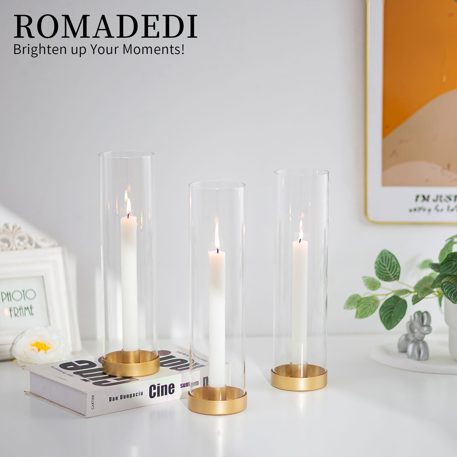 Romadedi 12 Inch Gold Glass Hurricane Candle Holders - Set of 10 Clear Cylinder Taper Candlesticks for Wedding Centerpieces, Party Decor, Christmas Home Decorations - Perfect for Dining Tables, Fireplace Mantels & Holiday Displays