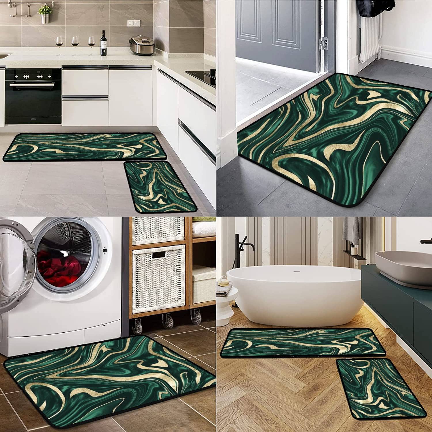 Emerald Green Black Gold Marble Kitchen Rugs Set - Non-Slip Washable Floor Mat, Runner & Doormat - Comfort Standing Mats for Kitchen, Bathroom Decor - Perfect for Home, Office & High-Traffic Areas
