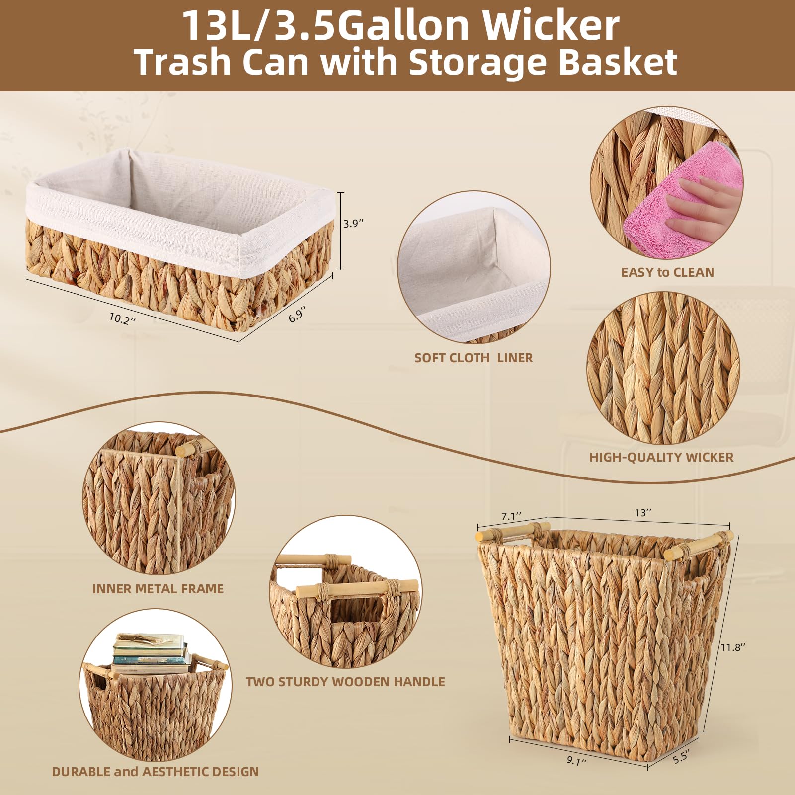 **3.5 Gallon Waterproof Wicker Storage Basket - Handwoven Brown Narrow Small Trash Can for Bathroom, Bedroom & Office | Eco-Friendly & Stylish Home Organization**    *(Perfect for storing towels, toiletries, magazines, or office supplies – adds rustic charm to any space!)*