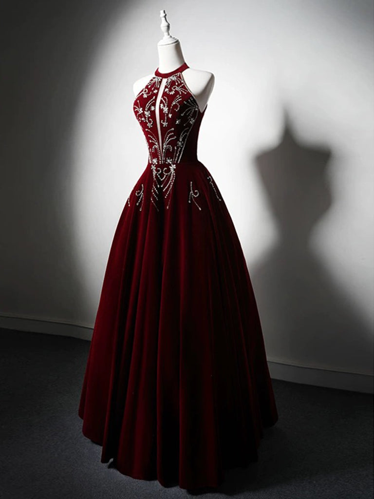Elegant A-Line Velvet Sequin Beaded Burgundy Long Prom Dress - Formal Evening Gown for Homecoming, Wedding & Special Occasions