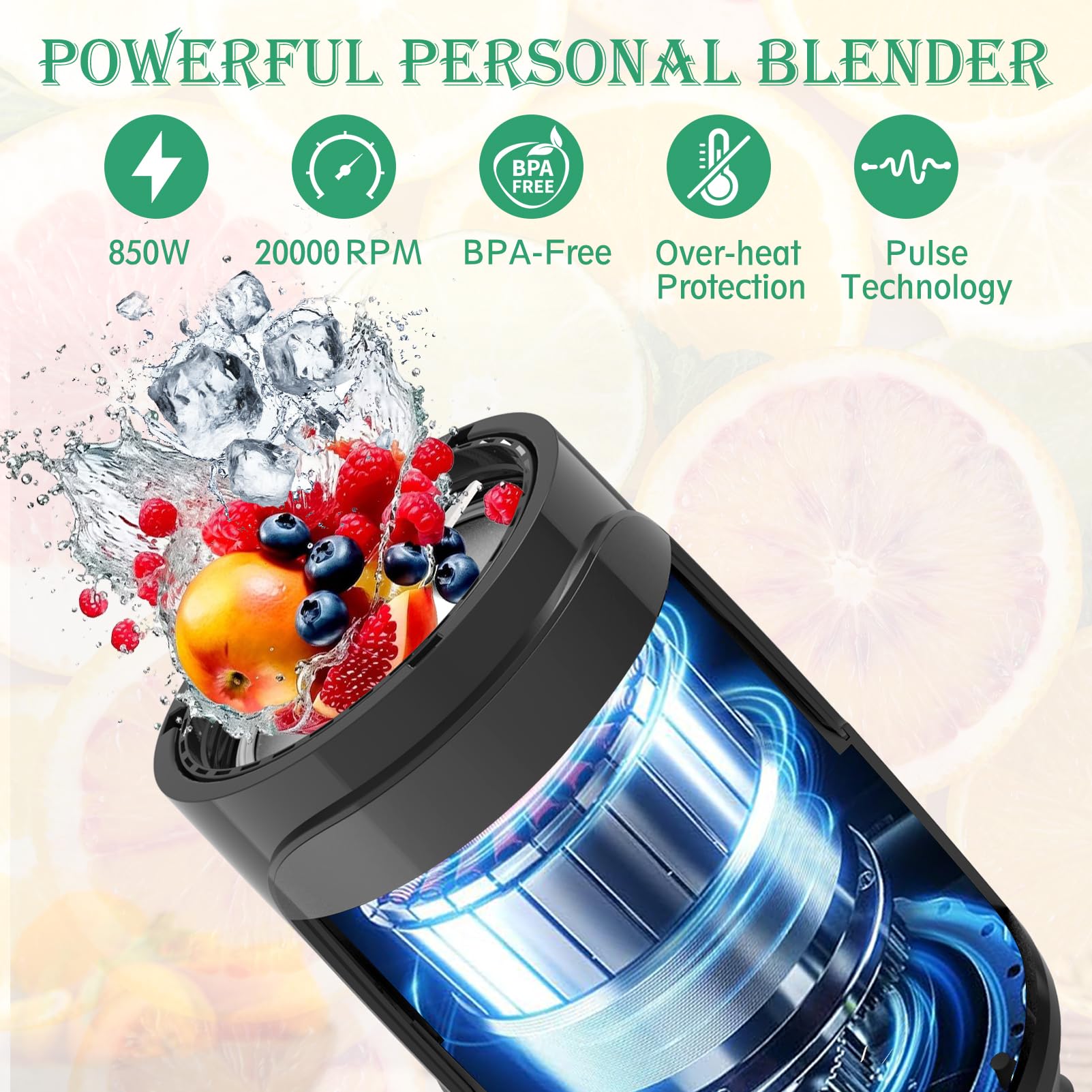 Portable Blender 850W - Personal Blender for Shakes, Smoothies & Protein Drinks with 6-Blade System, Includes 2x20oz Travel Cups - Perfect for Kitchen, Baby Food & On-The-Go Blending | Compact Countertop Blender for Fruits, Vegetables & Healthy Drinks