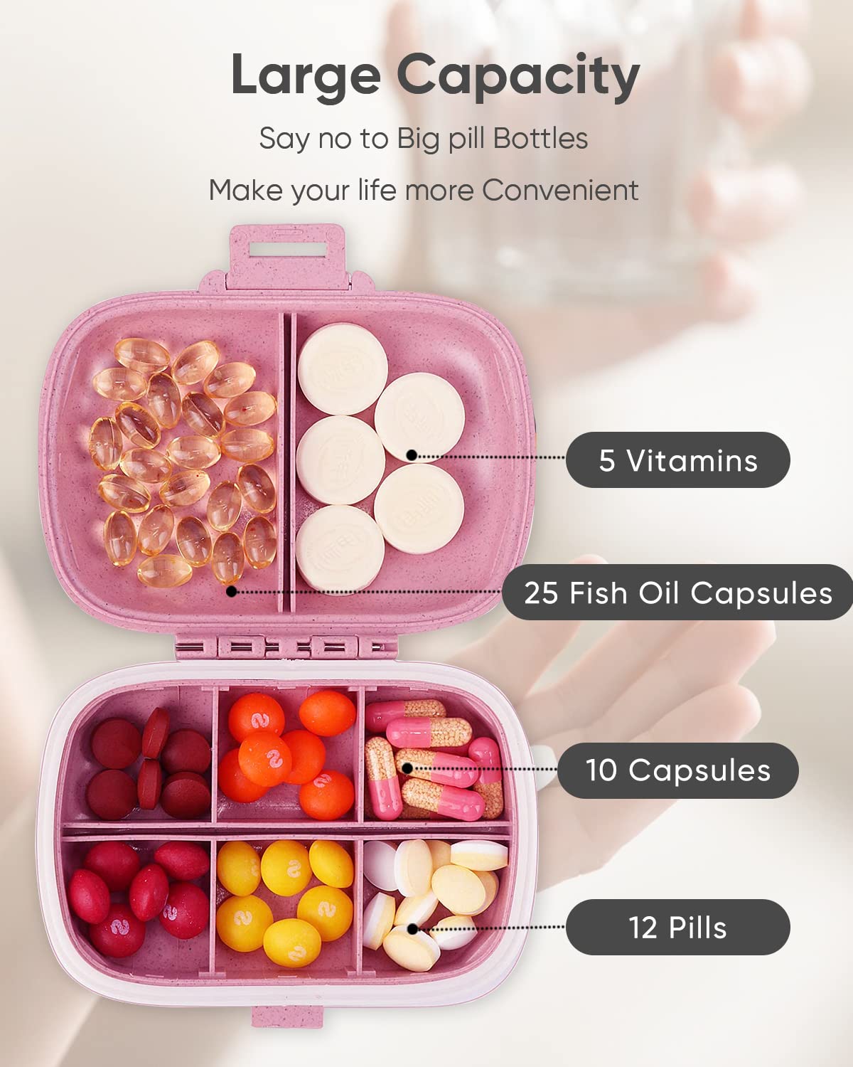 Holii 8-Compartment Travel Pill Organizer - Portable Daily Pill Case for Vitamins & Medicine - Compact Pill Container for Purse, Pocket & On-The-Go Use (Pink)