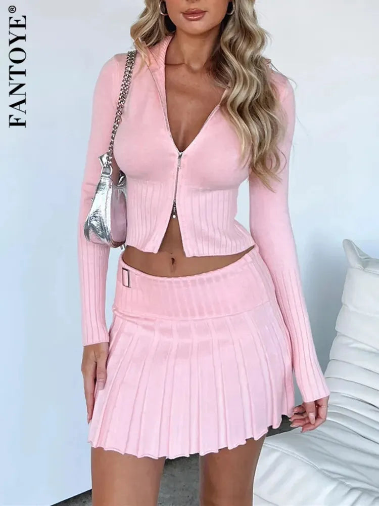Fantoye Women's Knit Sweater Two Piece Set - Long Sleeve Double Zipper Tracksuit with Skirt | Casual Solid Color Knit Sweatshirt Outfit for Fall/Winter | Perfect for Daily Wear, Office, Dating & Travel