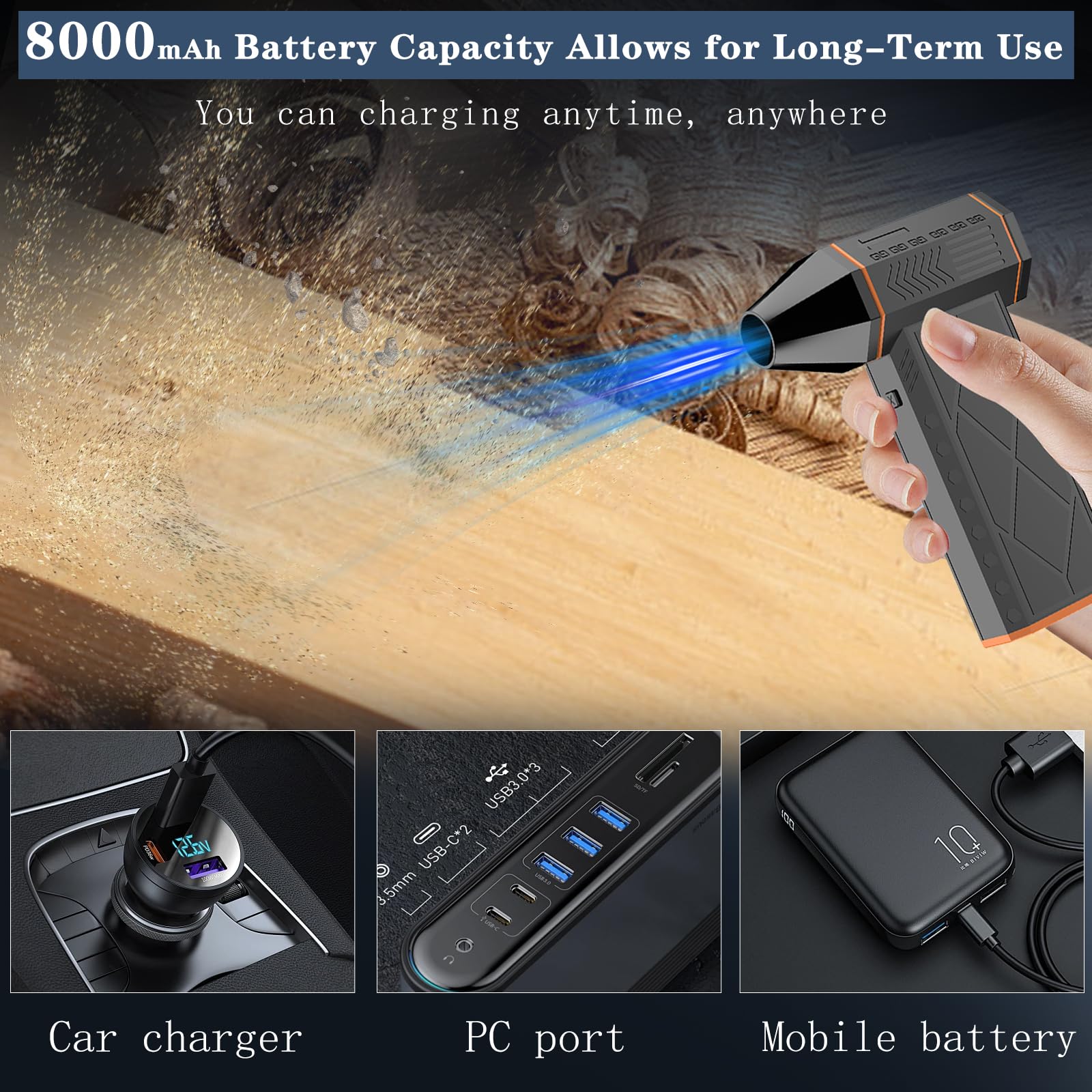 Electric Air Duster 180000RPM - Cordless Compressed Air Blower with Brushless Motor, 8000mAh Battery, 4-Speed Turbo Cleaner for Keyboard, PC, Car, Electronics - Perfect for Home Office, Gaming Setup & Outdoor Gear Cleaning (Grey)