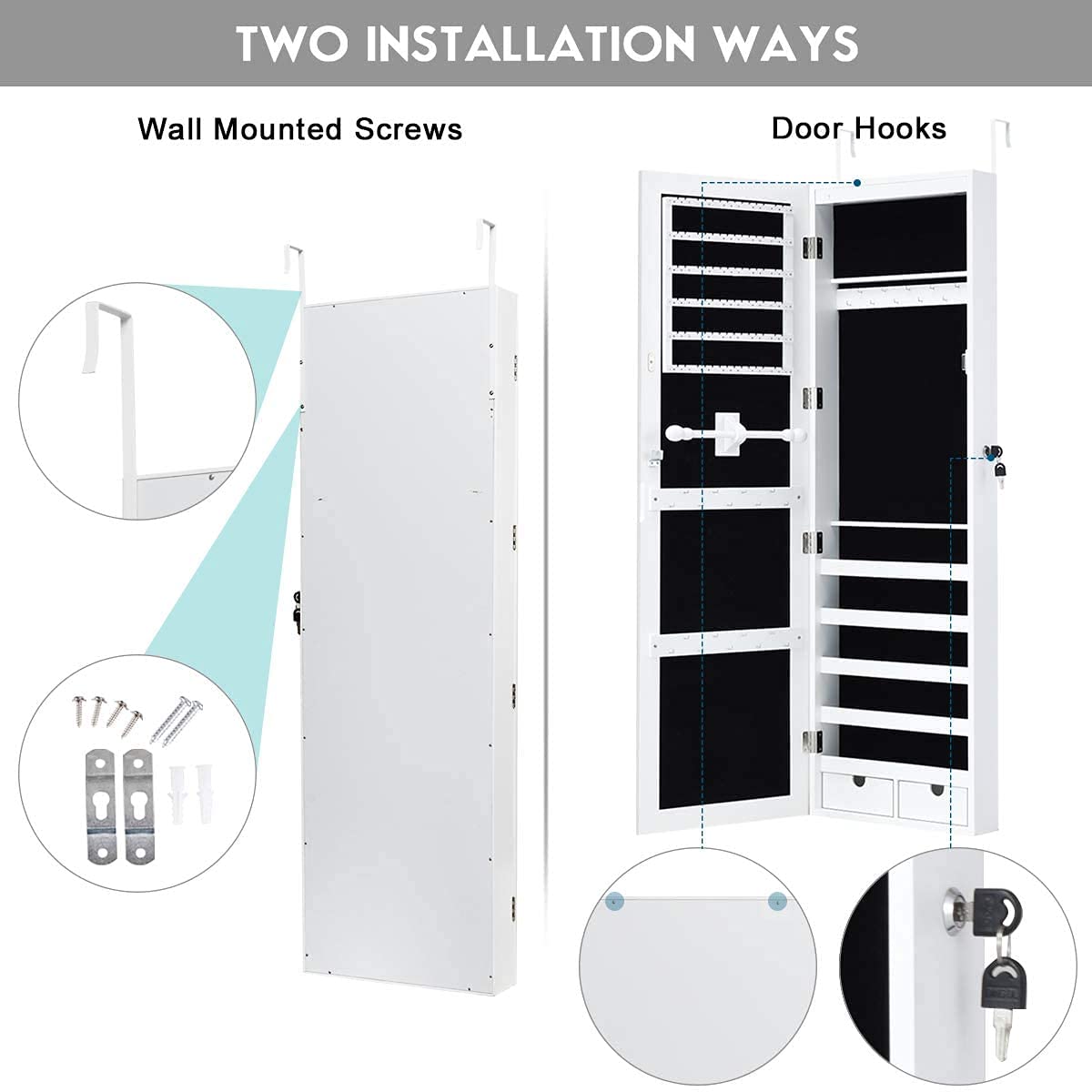 15 LED Jewelry Armoire Organizer - Wall/Door Mounted Jewelry Cabinet with Full Length Mirror, Lockable Jewelry Storage Box with Large Capacity & Compartments, 2 Bottom Drawers - White | Perfect for Bedroom, Closet & Dressing Room Organization