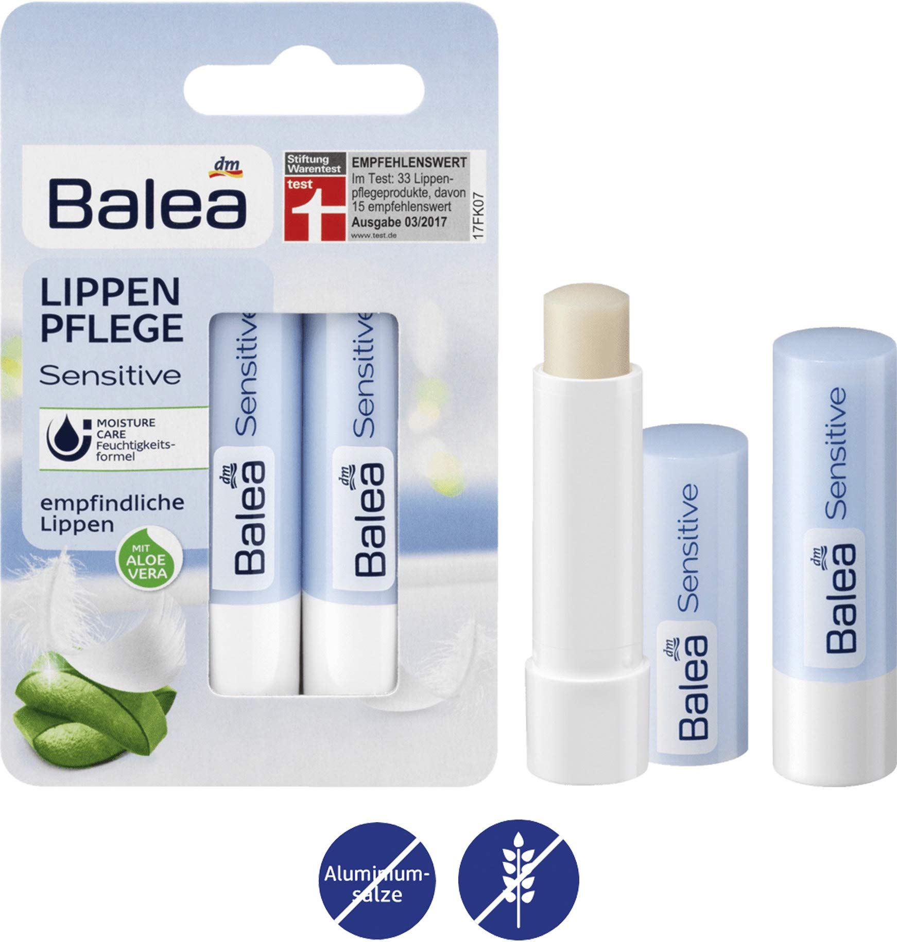 Balea Sensitive Lip Care Balm with Aloe Vera, Avocado & Almond Oil - 2 Pack - Hydrating & Soothing Lip Treatment for Dry, Chapped Lips - Made in Germany | Perfect for Winter Care, Daily Moisturizing & Travel Essentials