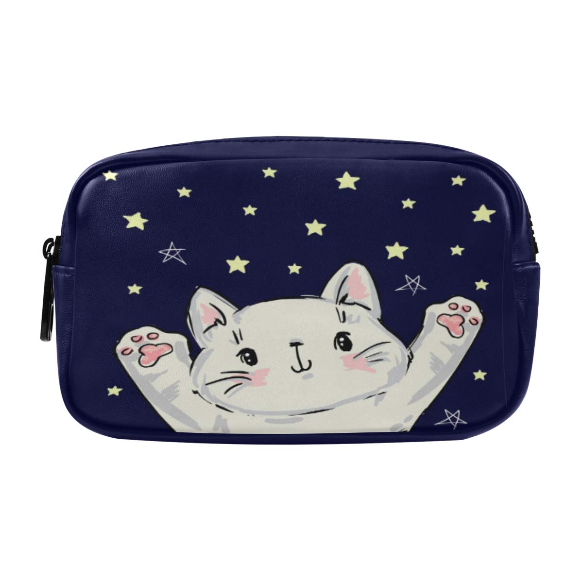 ALAZA Cute Cat & Star Pattern Leather Cosmetic Bag - Waterproof Travel Makeup Pouch with Zipper for Women, Girls & Teens | Perfect for School, Travel & Daily Makeup Storage