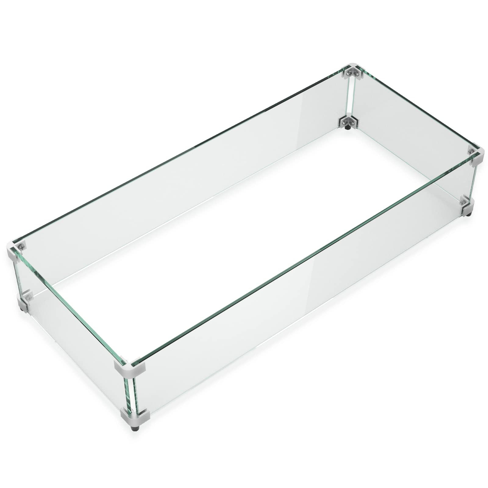 GASPRO 35.5 x 15.5 Inch Tempered Glass Wind Guard for Rectangular Fire Pit Table - Heavy Duty Aluminum Corner Bracket & Non-Slip Rubber Feet - Easy Assembly for Outdoor Patio, Backyard, and Camping Use