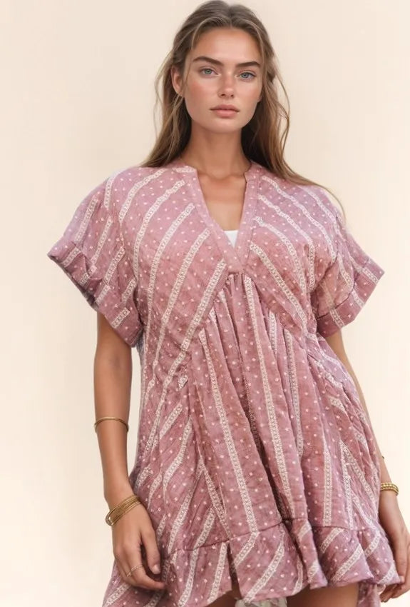 Elegant V-Neck Ruffled Mini Dress - Short Sleeve Embroidered Summer Dress for Women | Perfect for Beach Vacations, Date Nights & Outdoor Parties