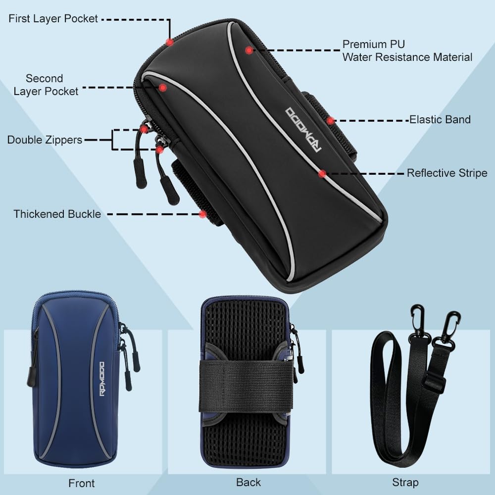 Running Armband Phone Holder with Crossbody Strap - Compatible with iPhone 15 14 13 Pro Max & Samsung Galaxy S24 S23 - Lightweight 2-Pocket Design for 7.2