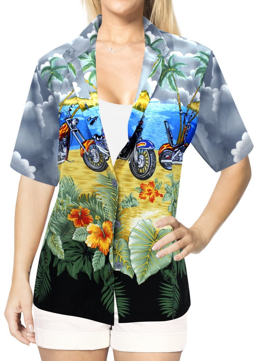 LA LEELA Women's Short Sleeve Hawaiian Blouse - Floral Print Beach Shirt for Summer Vacation, Pool Party & Tropical Getaway