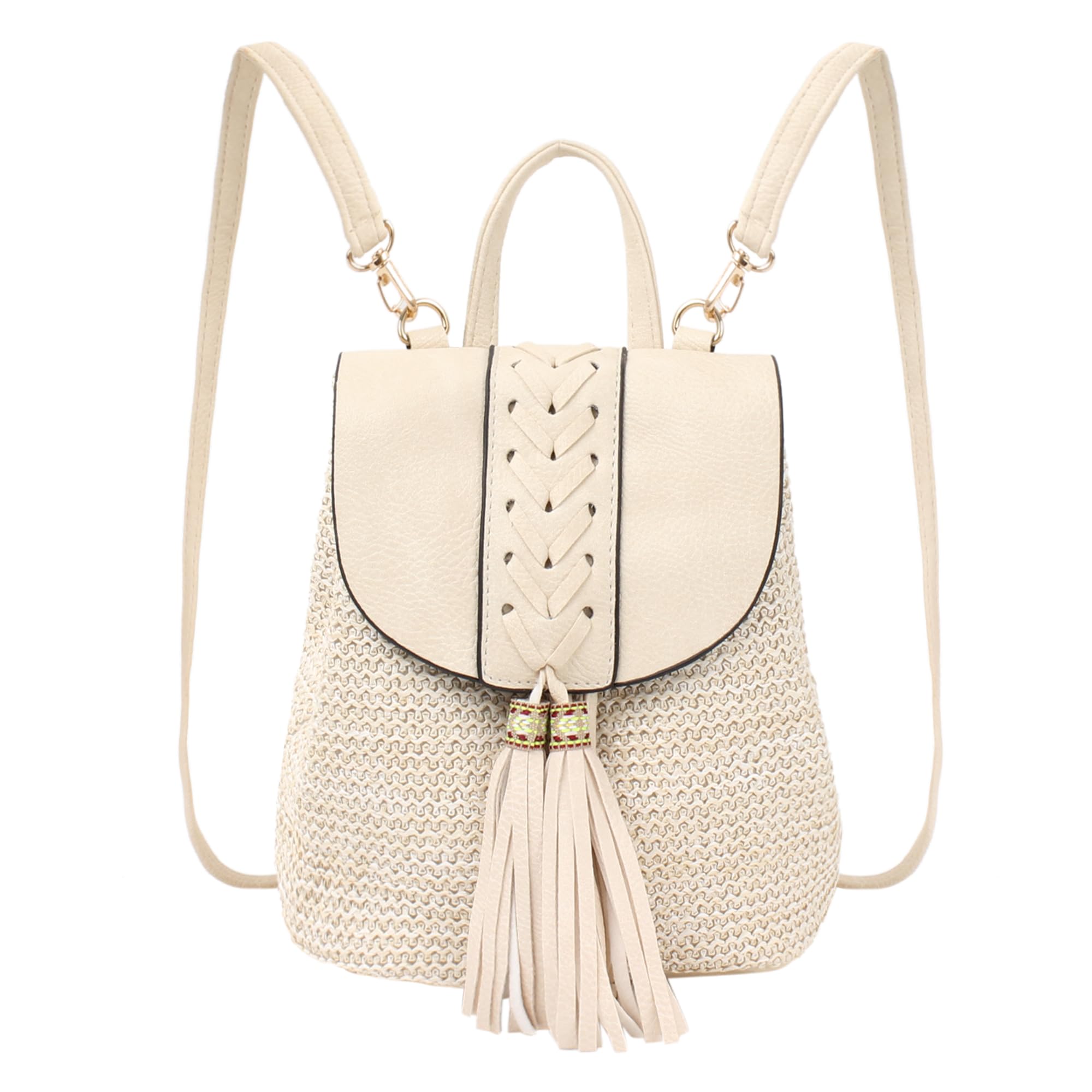 Women's Mini Braid Tassel Straw Woven Backpack - PU Leather Flap Drawstring Daypack, Small Convertible Crossbody Purse for Beach, Travel & Everyday Use