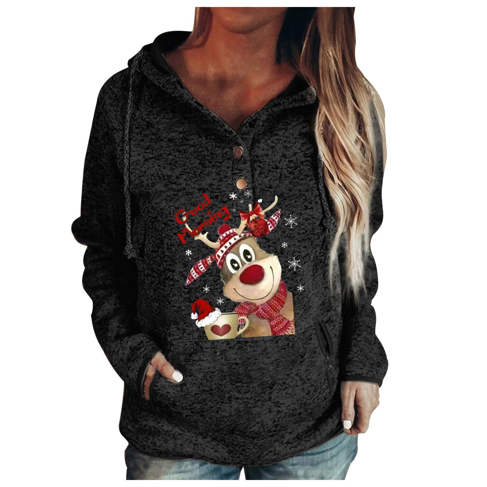 WOCACHI Women's Christmas Hoodies - Solid Color Elk Print Button Hooded Sweatshirt, Stylish Xmas Sweater Tops Under $30, Baggy Lightweight Winter Pullover for Holiday Parties & Cozy Family Gatherings