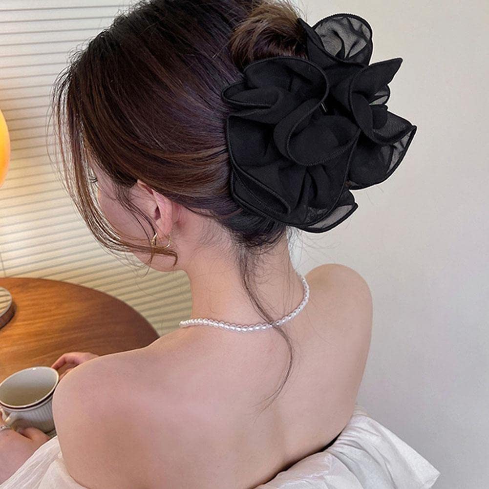 Elegant Black Chiffon Claw Clip Hair Bow with Fabric Ribbon & Silk Flower - Perfect for Parties, Weddings & Everyday Hairstyles