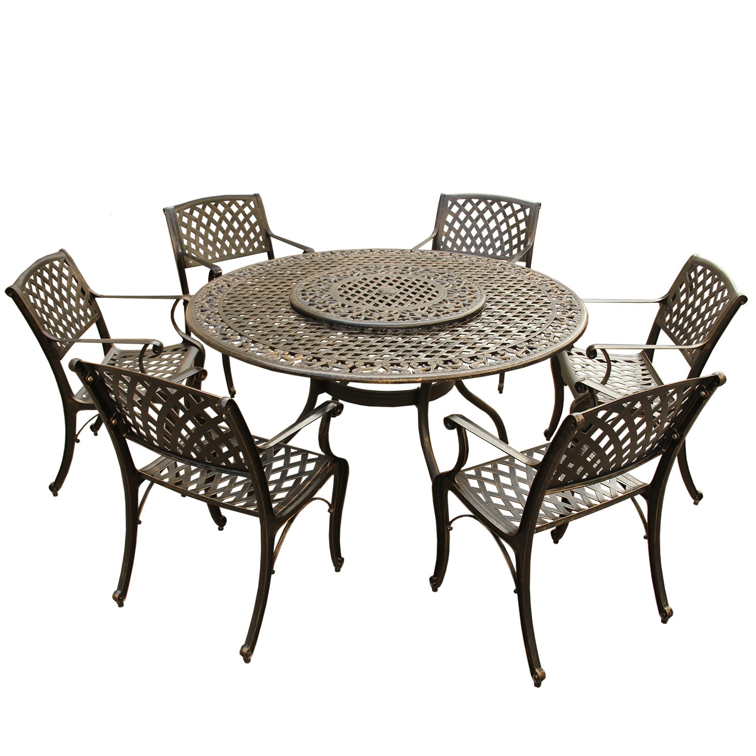 Oakland Living 59-inch Bronze Round Outdoor Dining Set with Lazy Susan & 6 Chairs - Traditional & Modern Aluminum Mesh Lattice Design - Perfect for Patio, Garden, and Backyard Entertaining
