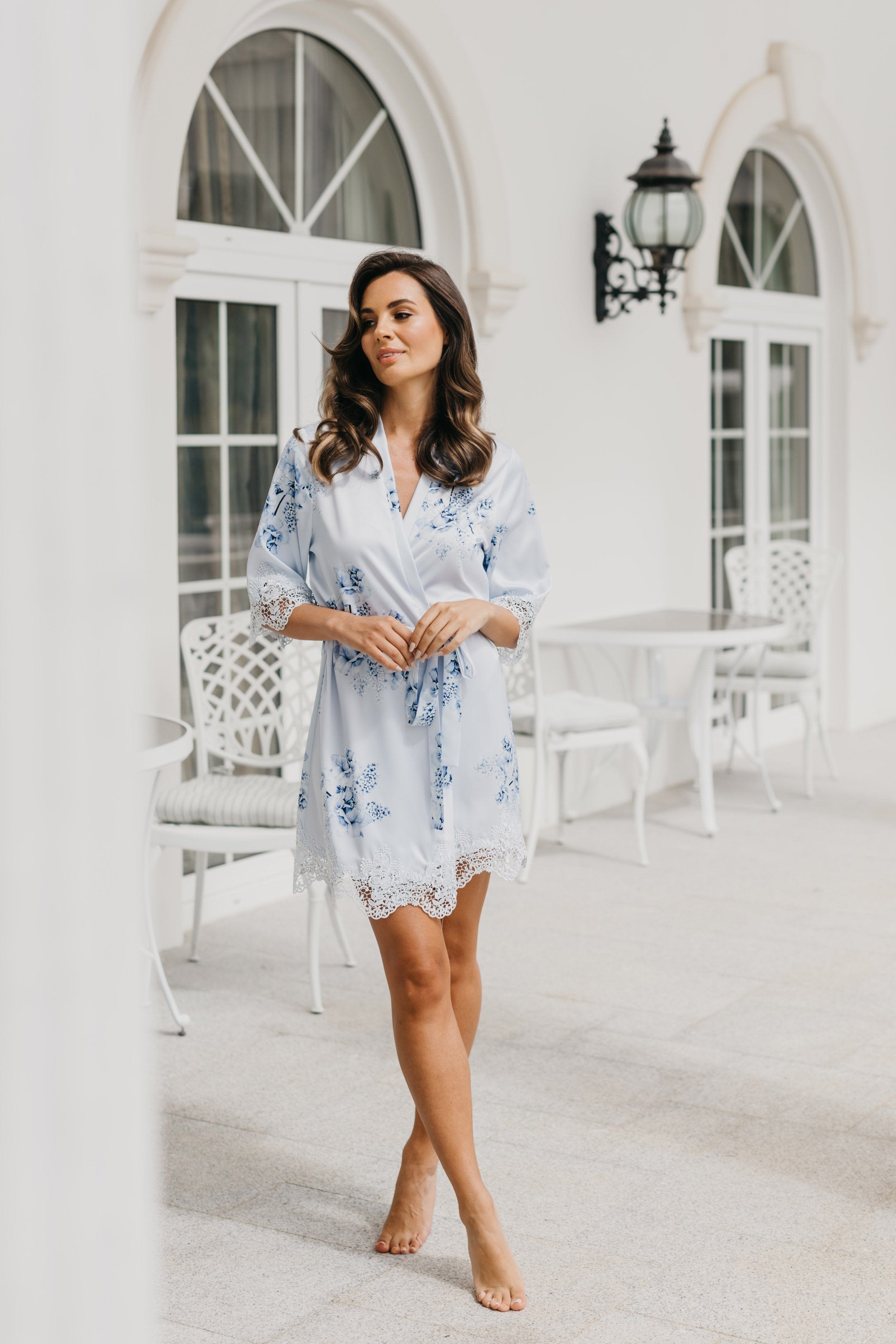 Ivana Bleu De Fleur Printed Robe - Floral Kimono Robe for Women, Lightweight Loungewear, Bathrobe & Cover Up - Perfect for Spa, Beach, and Home Relaxation