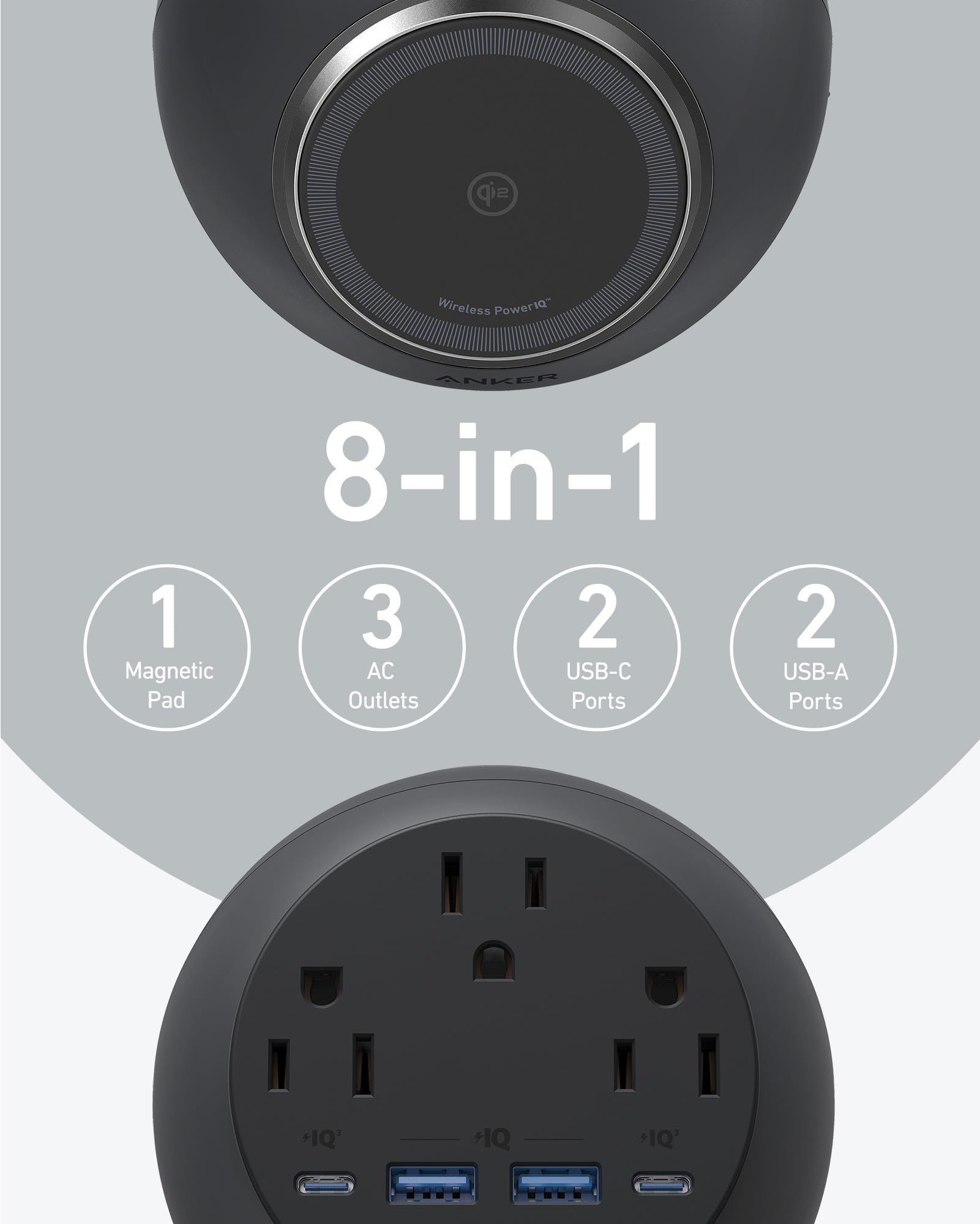 Anker MagGo Magnetic Charging Station - Qi2 Certified 15W Ultra-Fast MagSafe Wireless Charger for iPhone 15/14/13/12 | 8-in-1 Power Strip with 3 AC Outlets & 4 USB Ports | Desktop Charger for MacBook, iPad, AirPods | Perfect for Home, Office & Travel Use