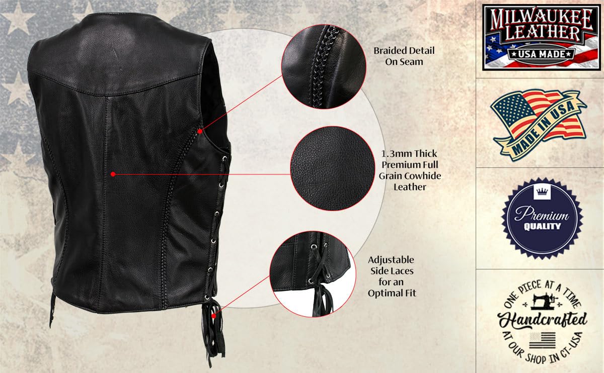 Milwaukee Leather MLVSL5001 Women's Black Braided Motorcycle Vest - Genuine USA Made Leather Jacket for Bikers & Riders - Perfect for Motorcycle Clubs, Road Trips & Casual Outfits
