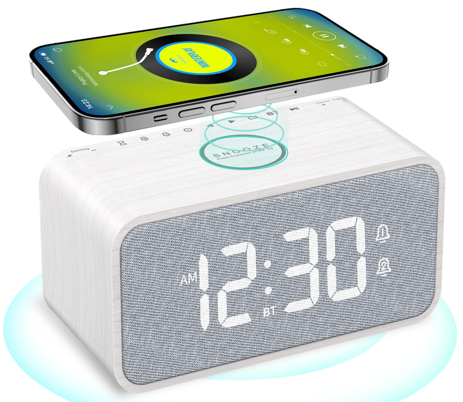 ANJANK Wooden Digital Alarm Clock with Bluetooth Speaker, Wireless Charging for iPhone & Samsung, Dual Alarm, Auto Time Sync, Adjustable Brightness - Perfect for Bedroom, Office, Nightstand & Home Decor